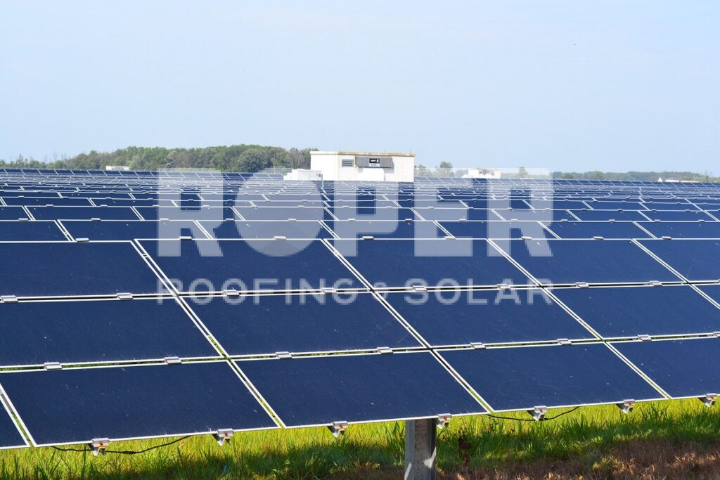 Large solar panel farm with blue photovoltaic panels in green field under clear sky