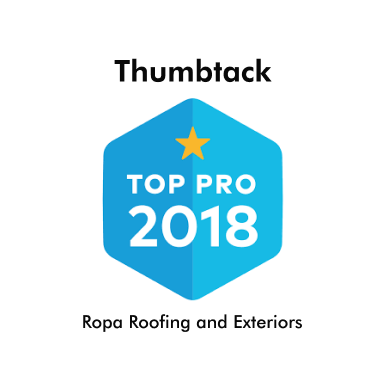 Thumbtack Top Pro 2018 award badge for Ropa Roofing and Exteriors - blue hexagonal badge with gold star