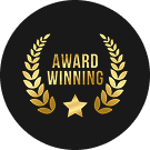 Golden award winning badge with laurel wreath and star on black background