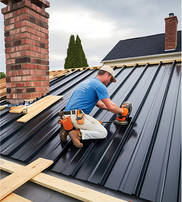 Worker in blue shirt installing dark metal roofing panels on residential house roof with brick chimney visible