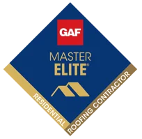 GAF Master Elite roofing contractor certification badge - blue diamond shaped logo with gold accent and text