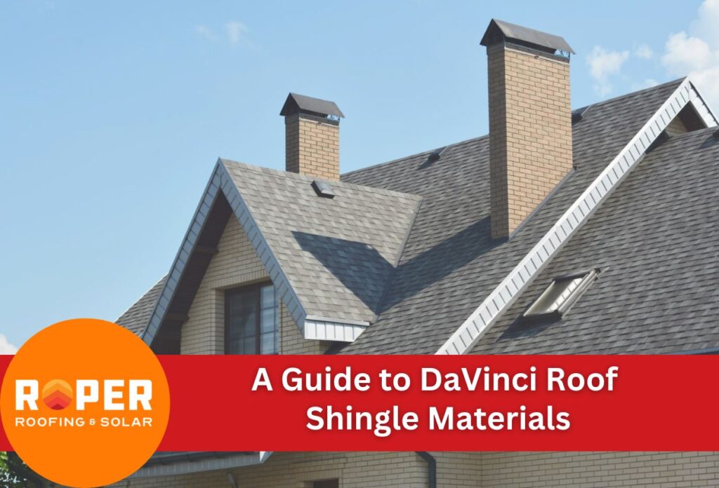 DaVinci roof shingles on residential home with brick chimneys and blue sky
